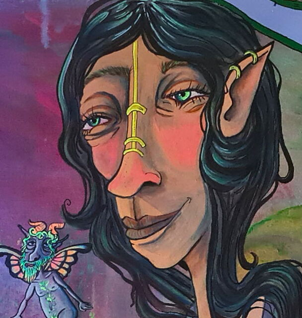 Surreales Acrylbild „Mommy Nature“ zeigt eine weibliche Naturgöttin mit Pflanzenhaar, tierischen Begleitern und wachsender Erde. Im Rahmen: Mikroorganismen, Samen, Pilze, Blüten und Gesteine. Fantasie, Biologie, Wandel und Mythologie im Comicstil vereint.