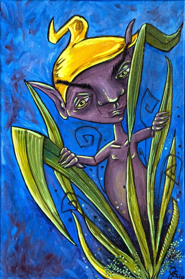 „Pilliz im Gras“ – Acrylgemälde: Ein Gnom mit einer gelben Zipfelmütze steht im hohen Gras und schaut skeptisch auf den Betrachter.