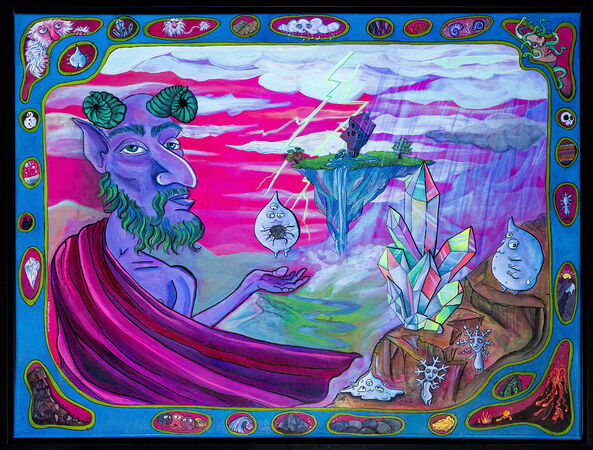 Acrylbild „Daddy Weather“ zeigt einen Wettergott mit Wasserwesen vor pinkfarbenem Himmel mit und einer schwebenden Insel. Umgeben von Lava, Kristallen, Wetterphänomenen, Wasserwesen, Naturgewalten und mystischen Figuren.