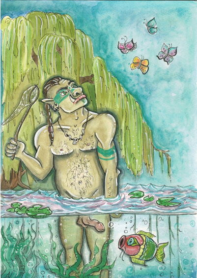 „Trolgar jagt Schmetterlinge“ – Aquarell-Illustration: Ein Troll steht bis zur Hüfte im Wasser, umgeben von Wasserpfalnzen. Er schwenkt einen Kescher und schaut konzentriert auf einen Schwarm Schmetterlinge.