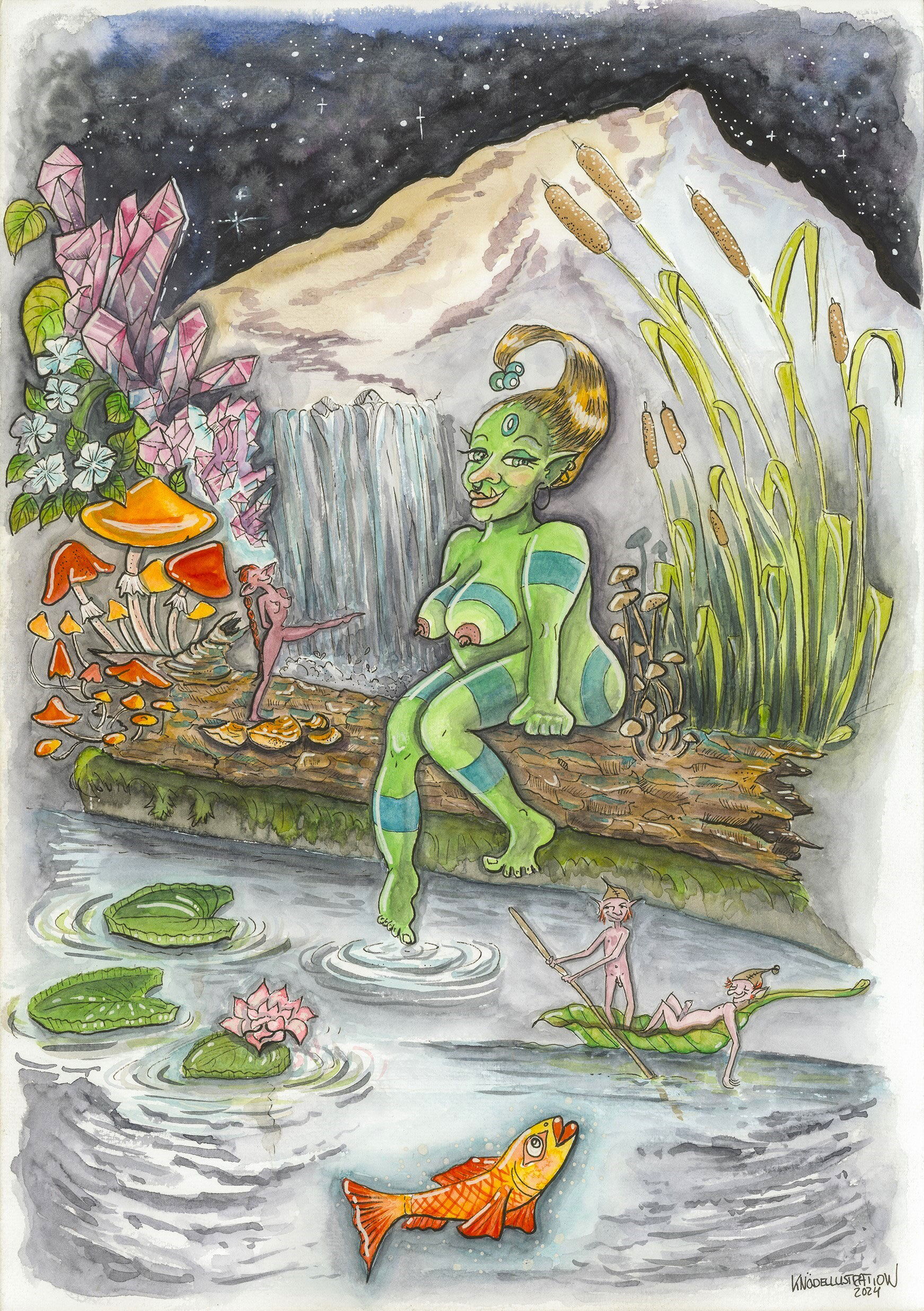 „Pempadime - baden bei Neumond“ – Aquarell-Illustration: Eine Trollfrau sitzt auf einem Baumstamm an einm Weiher. Im Hintergrund erhebt sich ein schneebedeckter Berggipfel und der Sternenhimmel spiegelt sich auf der Wasseroberfläche.