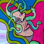 Detail aus dem Acryl Gemälde Daddy Weather. Medusa, mit grünen Schlangenhaaren schaut in den Himmel.