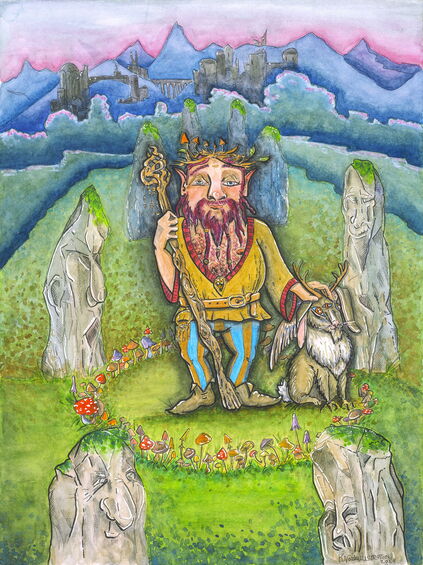 „Druide Clamdor“ – Aquarell-Illustration: Ein bärtiger Druide mit gestrifen Hosen und einer Pilzkrone steht in einem mystischen Steinkreis und streichelt dem Wolpertinger neben ihm den Kopf.
