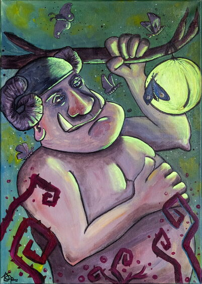 „Migor Mottentroll“ – Acrylgemälde: Ein dicker Troll mit einem Helm mit Hörnern trägt einen Ast mit einer runden Papierlaterne über der Schulter, er wird von Motten umschwärmt.