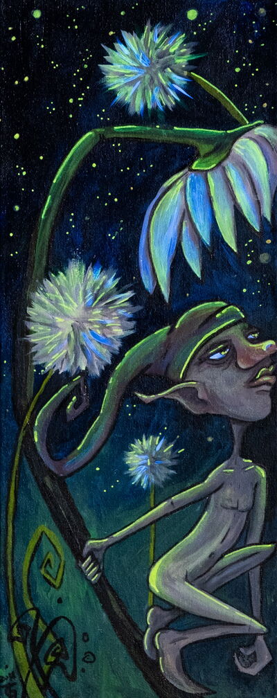 „Die Nachtwanderung“ – Acrylgemälde: Ein Waldgnom mit einer Zipfelmütze sitzt auf einem Pflanzenstängel und schaut in den Sternenhimmel. Um ihn herum leuchten Pusteblumen und Margeritenbüten.
