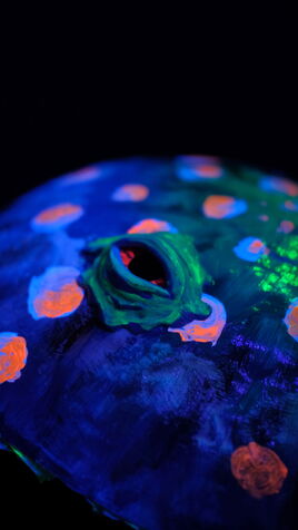 Leuchtende Pilz Skulptur mit flachem, blauem Hut und Augen im UV-Licht