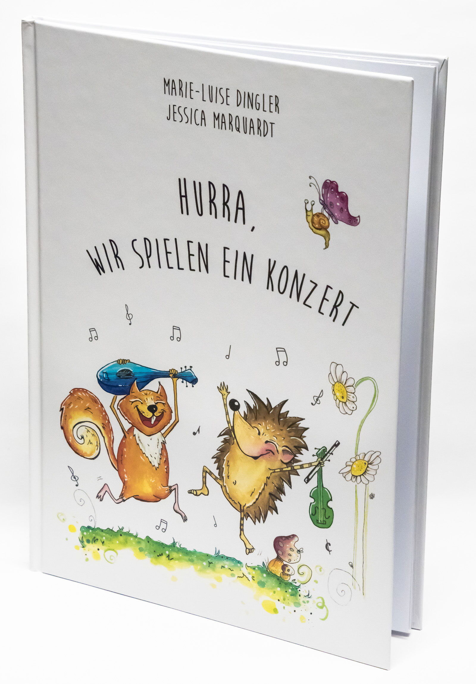 Ein Bild des Buches „Hurra, wir spielen ein Konzert“ von Marie-Luise Dingler. Igel und Eichhörnchen springen in die Luft.