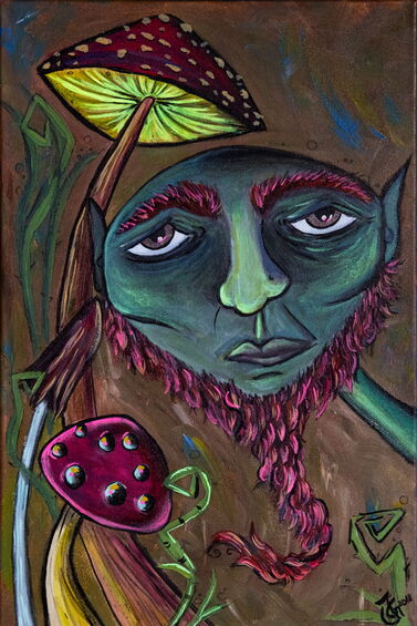 „Vigor Rotbart“ – Acrylgemälde: Ein alter Waldgnom mit rotem langem Bart guckt unter einem Pilz hervor und schaut skeptisch auf den Betrachter.