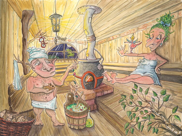 „Pevin & Pula - Saunatag“ – Aquarell-Illustration: Pevin und Pula machen einen gemütlichen Tag in der Sauna, Pevin macht einen speziellen Aufguss mit Kräutern und Pilzen. Pula streckt ihre Füße Richtung Saunaofen.