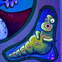 Detail aus dem surrealistischen Acrylbild „Verzehrung“: im Bildrand sitzt eine dicke, vollgefressene Raupe und hält sich den Wanzt.