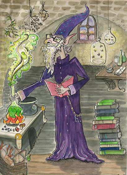 „Zauberer Melvin“ – Aquarell-Illustration: Ein Zauberer in einem lila Mantel und einem spitzen Hut steht am Herd und kocht eine grüne Flüssigkeit, die brodelnd den Raum mit grühem Dampf füllt.
