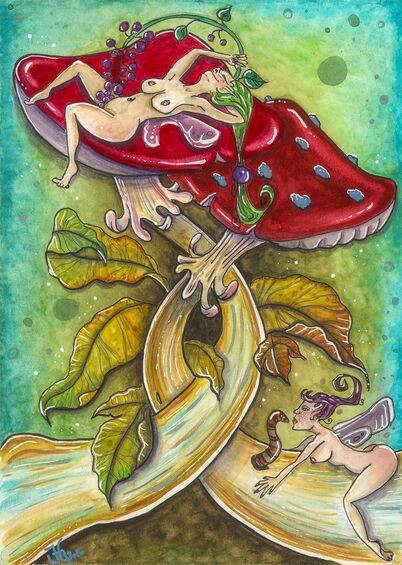 „Wilma & Gilly - Spaß im Pilzgarten“ – Aquarell-Illustration: Zwei Elfen spielen und vergnügen sich auf einem riesigen Fliegenpilz.