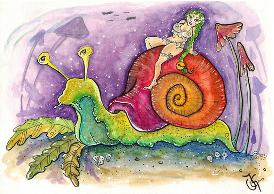 „Aerin & Pricklepitz“ – Aquarell-Illustration: Deine Waldelfe reitet auf einer farbenfrohen Weinbergschnecke.