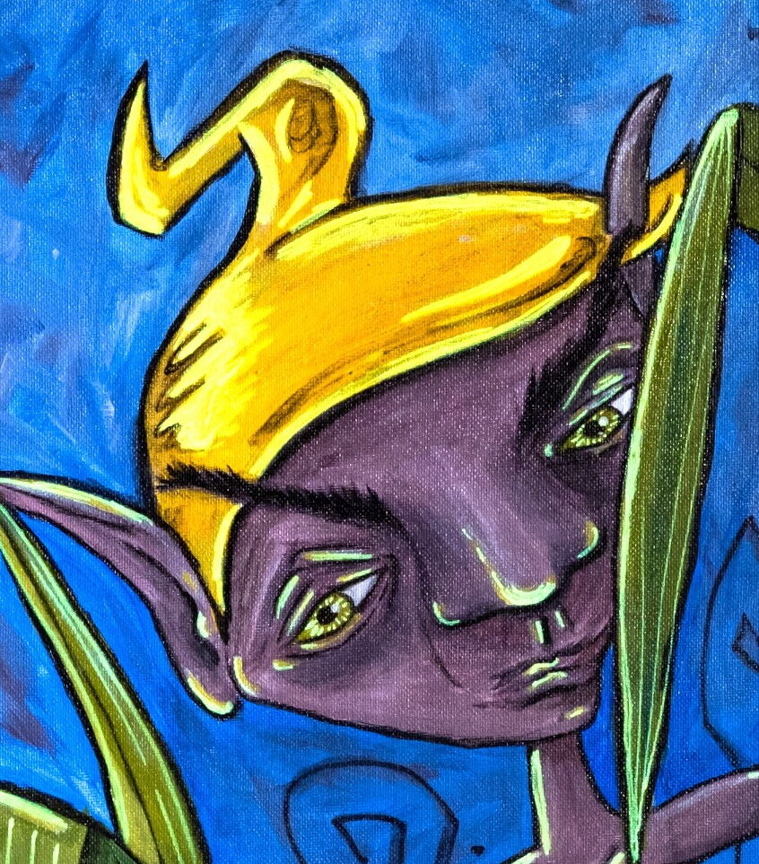 „Pilliz im Gras“ – Acrylgemälde: Ein Gnom mit einer gelben Zipfelmütze steht im hohen Gras und schaut skeptisch auf den Betrachter.