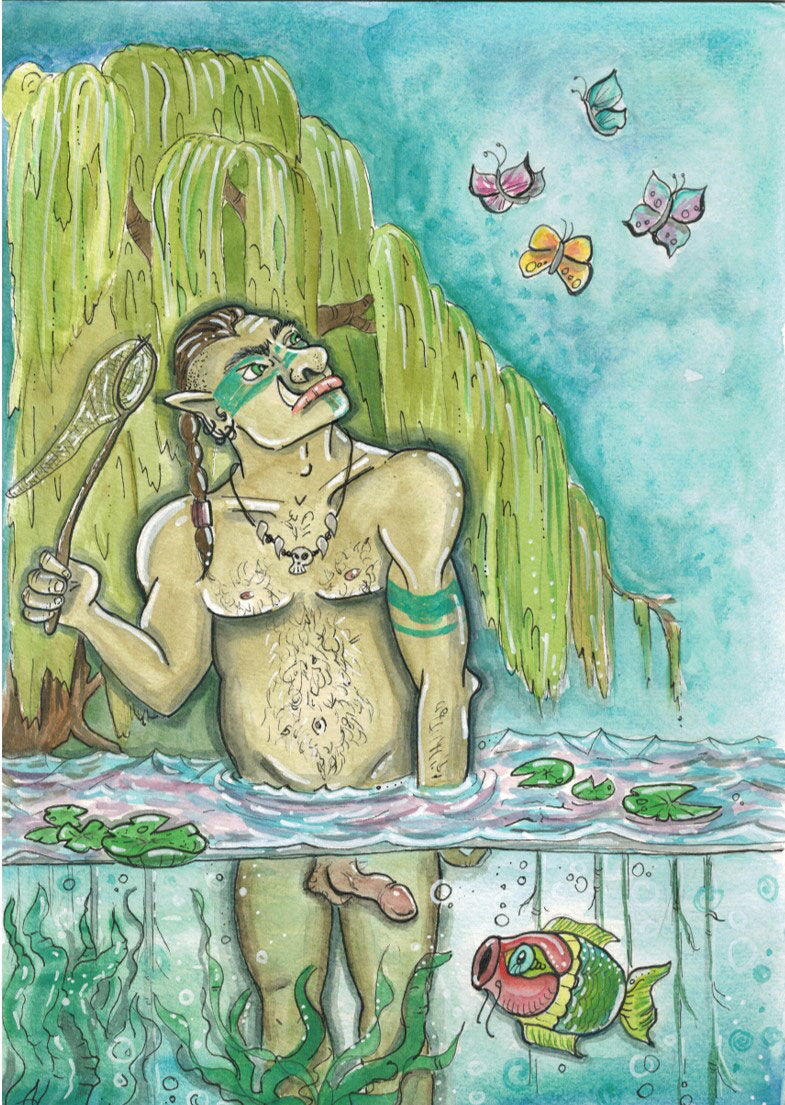 „Trolgar jagt Schmetterlinge“ – Aquarell-Illustration: Ein Troll steht bis zur Hüfte im Wasser, umgeben von Wasserpfalnzen. Er schwenkt einen Kescher und schaut konzentriert auf einen Schwarm Schmetterlinge.