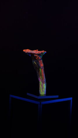 Leuchtende, orange Pilz Skulptur im UV Licht