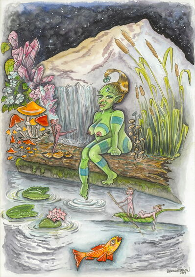 „Pempadime - baden bei Neumond“ – Aquarell-Illustration: Eine Trollfrau sitzt auf einem Baumstamm an einm Weiher. Im Hintergrund erhebt sich ein schneebedeckter Berggipfel und der Sternenhimmel spiegelt sich auf der Wasseroberfläche.