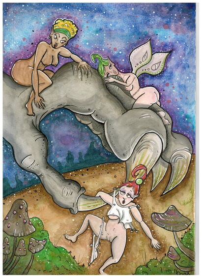 „Der Greif“ – Aquarell-Illustration: Drei Elfen fliegen auf einer Greifenkralle davon.