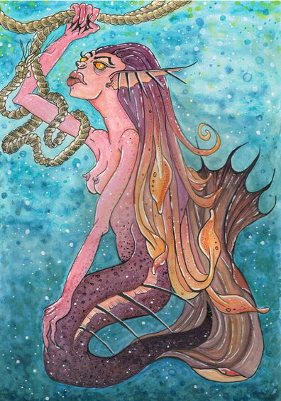„Maraja - Monster“ – Aquarell-Illustration: eine stolze Meerjungfrau hält ein Tau unter Wasser.