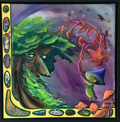 „Verwobenheit“ – Acryl auf Leinwand: Symbiose von Pflanzen und Pilzgeflecht. Ein Baum mit einem Gesicht und ein tanzendes Pilzwesen mit einem blauen Pilzhut tauschen Nährstoffe aus. Die magische Verbindung im surrealen Stil.