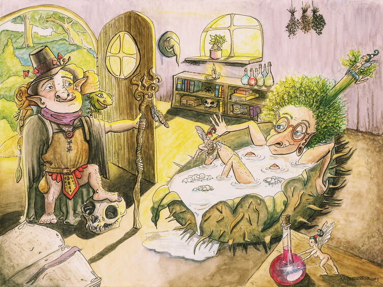 „Pevin & Pula - die Begegung“ – Aquarell-Illustration: Eine grünhaarige Gnomenhexe baded in einer halben Kastanienschale in ihrer Hütte. Pevin kommt mit seinem Laubfrosch auf der Schulter in die Szene geplatzt.