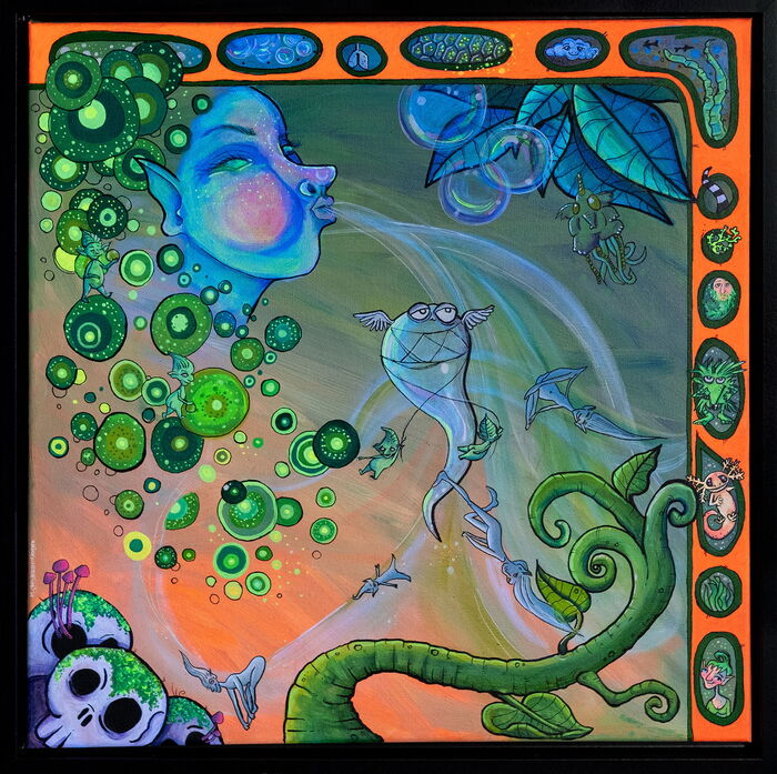„Respiration“ – Acrylgemälde: Eine surreal-phantastische Darstellung von Atmung und Photosynthese als Kreislauf zwischen Pflanze, Algen und Atmosphäre. Chloroplasten, Sauerstoffmoleküle, Blätter und Lungenstruktur im Comicstil vereint.