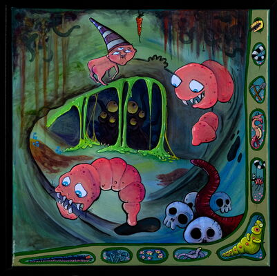 „Verzehrung“ – Acrylgemälde: Eine surreal-phantastische Darstellung von Nahrungsketten, Verdauung und Stoffwechsel. Darmstrukturen, Mikroben, Enzyme und Zellbestandteile verschmelzen mit organischen Formen im farbintensiven Comicstil.