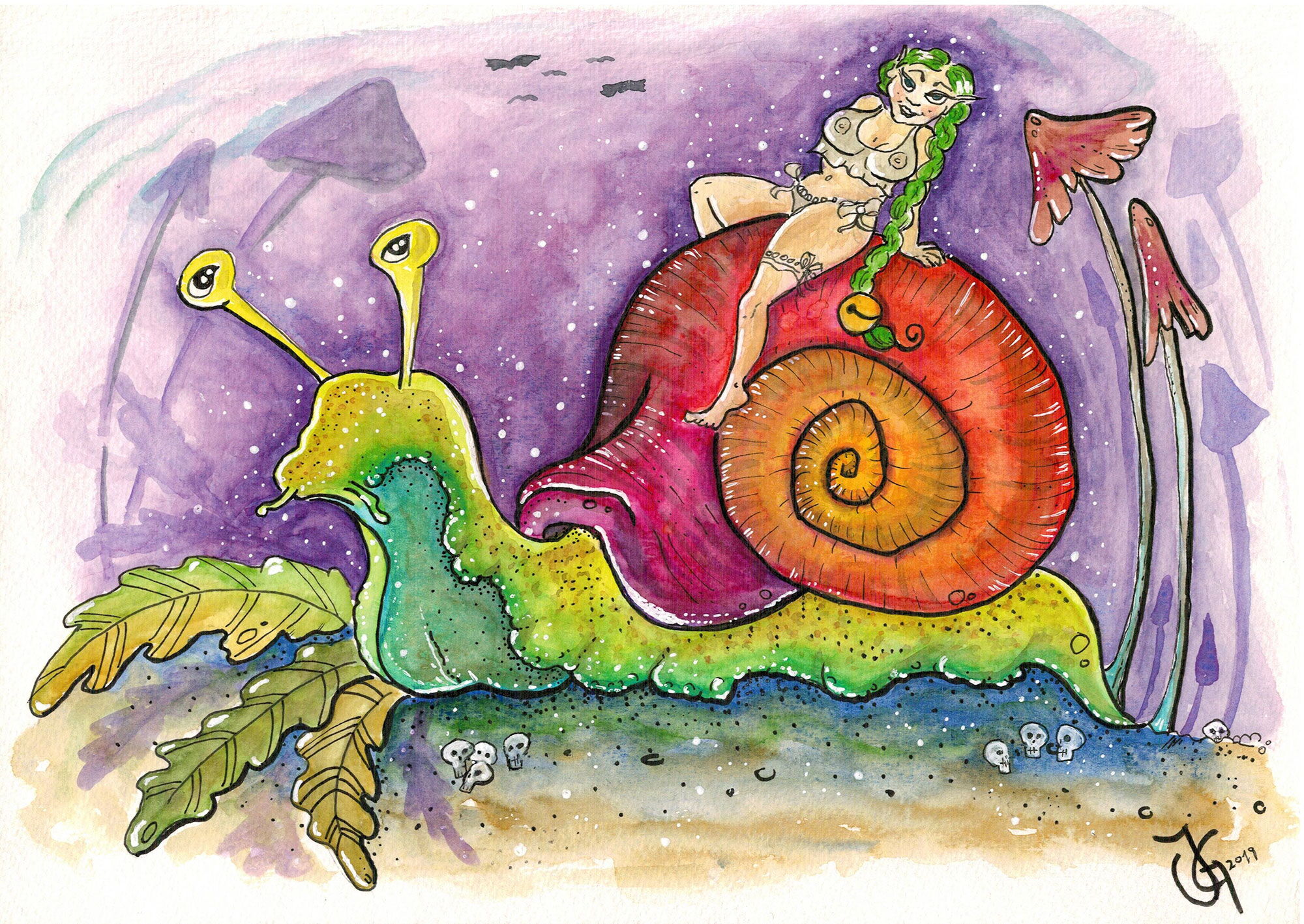 „Aerin & Pricklepitz“ – Aquarell-Illustration: Deine Waldelfe reitet auf einer farbenfrohen Weinbergschnecke.