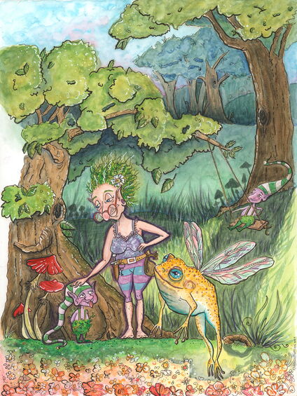 „Pula & die Pimpfe“ – Aquarell-Illustration: Eine grünhaarige Gnomenhexe stehr auf einer Waldlichtung und tätschelt einem frechen Wichtel den Kopf, der ihr die Zunge herausstreckt. Ein gelber Frosch mit Flügeln fliegt durchs Bild.