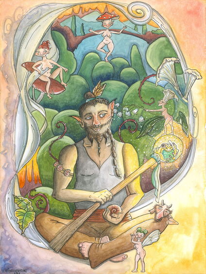 „Perlitus Beschwörer der Kröten“ – Aquarell-Illustration: Der Magier sitzt im Schneidersitz in Mitten kleiner magischer Wesen und hält einen Magierstab mit einer leuchtenden Kröte in der Hand. Ein Pilzmädchen kitzelt ihn mit Maiglöckchen am Ohr.