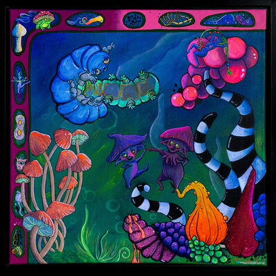 „Fruchtbarkeit“ – Acrylgemälde: Eine surreal-symbolische Darstellung von Keimung, Wachstum und Fortpflanzung. Pralle Früchte und Beeren im Vordergrund. Im Hintergrund finden sich Bärtierchen beim Liebesakt und allerlei zweideutige Details.