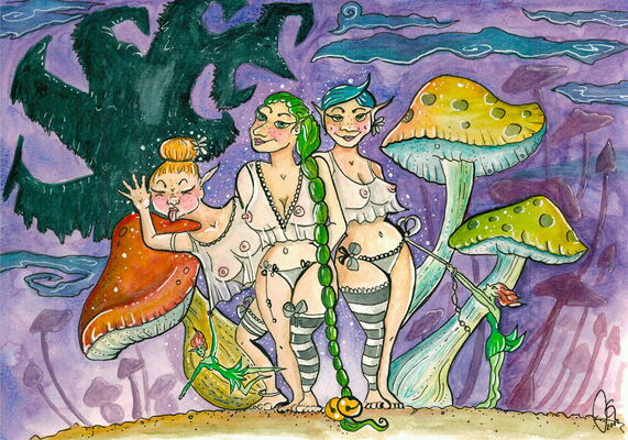 „Die drei Grazien“ – Aquarell-Illustration: Drei Elfenfrauen mit zeigen ihr verschiedenen Charaktere. Sie sind umgeben von magischen Pilzen und Bäumen.