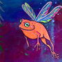 Detail aus dem surrealistischen Acrylbild „Mommy Nature“ ein grell orange gefärbter Frosch mit Libellenflügeln schwebt im Bild neben Mutter Natur. Er hat ein zufriedenes Lächeln im Gesicht.